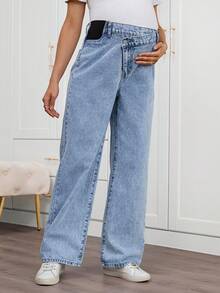 SHEIN 孕妇纯色休闲牛仔裤，春夏情人节嘉年华服装通勤度假毕业时尚Y2K可爱街头风性感派对婚礼优雅商务休闲女装蓝色阔腿牛仔裤，松紧腰牛仔裤，日常穿着 - 藍色 - 查看 5