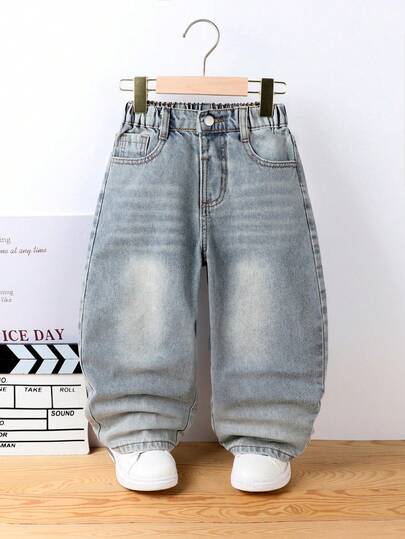 Toddler Boys' Retro Washed Blue Jeans, Non-Stretch Denim Fabric, Classic Waistband With Button Design, Distressed Leg, Suitable For Casual, Streetwear, All Seasons, Daily Wear, School, Outdoor Activities, Family Outings