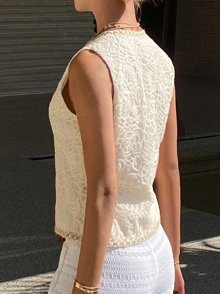 Women's Lace Patchwork Tie Tassel Sleeveless V-Neck Vest Jacket, Elegant Resort Style, Spring/Summer