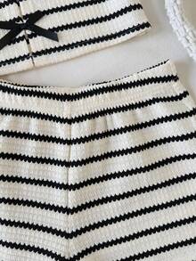 SHEIN Tween Girls' Brown & White Striped Knit Textured Sleeveless Crop Top And Loose Shorts 2-Piece Vacation Casual Outfit, Spring/Summer - Brown - View 6