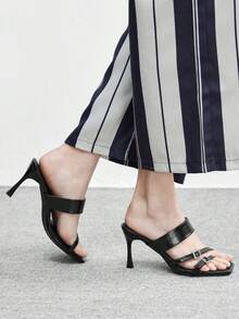 CUCCOO BIZCHIC 女士黑色亮片方头细跟中跟鞋，优雅、休闲、舒适、一脚蹬，适合工作、通勤、约会、派对、正式场合。 - 漆黑色 - 查看 3