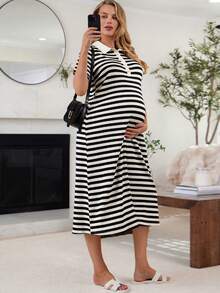 SHEIN 孕妇夏季休闲通勤黑白条纹印花Polo领连衣裙 - 黑與白 - 查看 8
