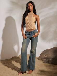 Opulessa Summer Spring Vacation Beach Elegant Casual Going Out Party Wedding Birthday Shiny Rhinestone Women's Y2K Rhinestone Design Cropped Halter Top - Khaki - View 6