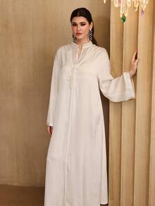 Al Najma 优雅奢华二合一立领连帽泡泡珍珠喇叭袖连衣裙，春夏款 - 白色 - 查看 7