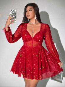 Viva Relle Đầm đỏ xuyên thấu đính sequin dành cho nữ cỡ lớn, kiểu dáng cổ vuông, tay phồng, eo thon, dáng chữ A, thích hợp cho sinh nhật. Phù hợp cho các bữa tiệc sang trọng, hẹn hò lãng mạn, trang phục ngày Valentine, dạo phố, du lịch, lễ hội âm nhạc năm mới, lễ hội hóa trang thanh lịch, mùa hẹn hò lãng mạn, thời trang gợi cảm ngọt ngào và quyến rũ, quần áo cỡ lớn dành cho nữ. - Đỏ - Xem 1