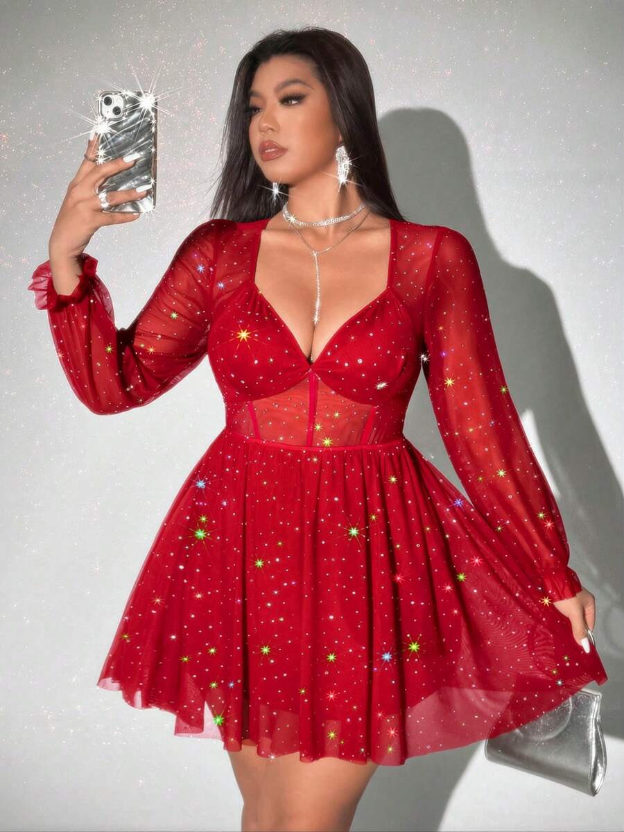 Viva Relle Đầm đỏ xuyên thấu đính sequin dành cho nữ cỡ lớn, kiểu dáng cổ vuông, tay phồng, eo thon, dáng chữ A, thích hợp cho sinh nhật. Phù hợp cho các bữa tiệc sang trọng, hẹn hò lãng mạn, trang phục ngày Valentine, dạo phố, du lịch, lễ hội âm nhạc năm mới, lễ hội hóa trang thanh lịch, mùa hẹn hò lãng mạn, thời trang gợi cảm ngọt ngào và quyến rũ, quần áo cỡ lớn dành cho nữ. - Đỏ - Xem 1