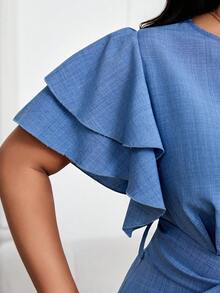 SHEIN Lady Đầm thanh lịch màu trơn tay bèo nhún thắt eo dành cho nữ cỡ lớn - Màu xanh lam - Xem 8