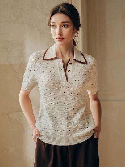 Anewsta Elegant French Spring/Summer -Inspired Textured Business Casual 3D Crochet Hollow Gold Button Ivory Knit Top