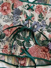 Soleia Áo croptop quây ngực kiểu cung đình cổ điển dành cho nữ, in họa tiết hoa jacquard nhiều màu sắc, có cúc và dây buộc phía sau. - Màu be - Xem 5