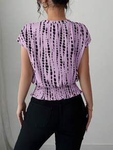 Elenzga Áo thun nữ cổ tròn in họa tiết, eo chun, kiểu dáng đơn giản, tay raglan, thích hợp cho mùa xuân/hè/thu/đông, trang phục dự tiệc, thanh lịch, dạ hội, phù hợp cho mặc hàng ngày, đi làm, mùa cưới/lễ hội âm nhạc. - Màu tím hoa cà - Xem 2