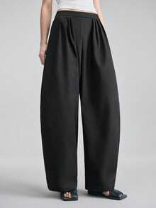 Ontre Damen hochwertige schwarze bequeme, weiche Stoff Hose mit Falten vorne, Seitentaschen, elastischem Bund und weitem Bein, anspruchsvolle urbane Mode für Business-Lässig Bürokleidung, zeitloser eleganter Stil geeignet für Flughafen, Kreuzfahrt, Hochzeiten im Nahen Osten, minimalistische Luxus-Essentials - Schwarz - Übersicht 4