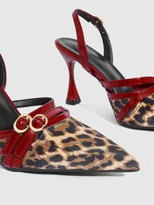 CUCCOO SZL 女士尖头高跟鞋，9厘米，优雅酒杯造型，后跟系带，易于穿脱，豹纹拼接，酒红色搭扣，女王范儿十足。这款豹纹高跟鞋适合日常穿着、派对、圣诞节、情人节约会、春节感恩节聚会等场合。 - 酒紅色 - 查看 10