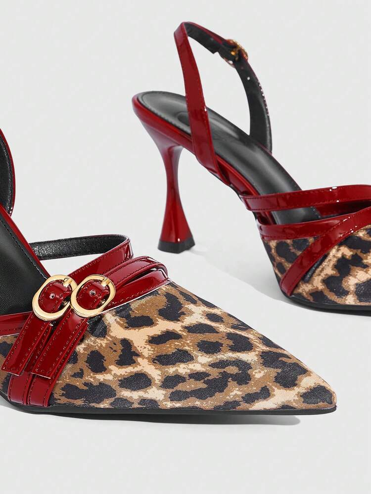 CUCCOO SZL Women's High Heels Pointed 9CM Women's Elegant Wine Glass And High Heels Back Strap Easy To Wear Leopard Print Splicing Burgundy Buckle Queen Leopard Print High Heels Suitable For Daily/Party/Christmas/Valentine's Day Dating/Spring Festival Thanksgiving Party/Women's Shoes Spring Shoes