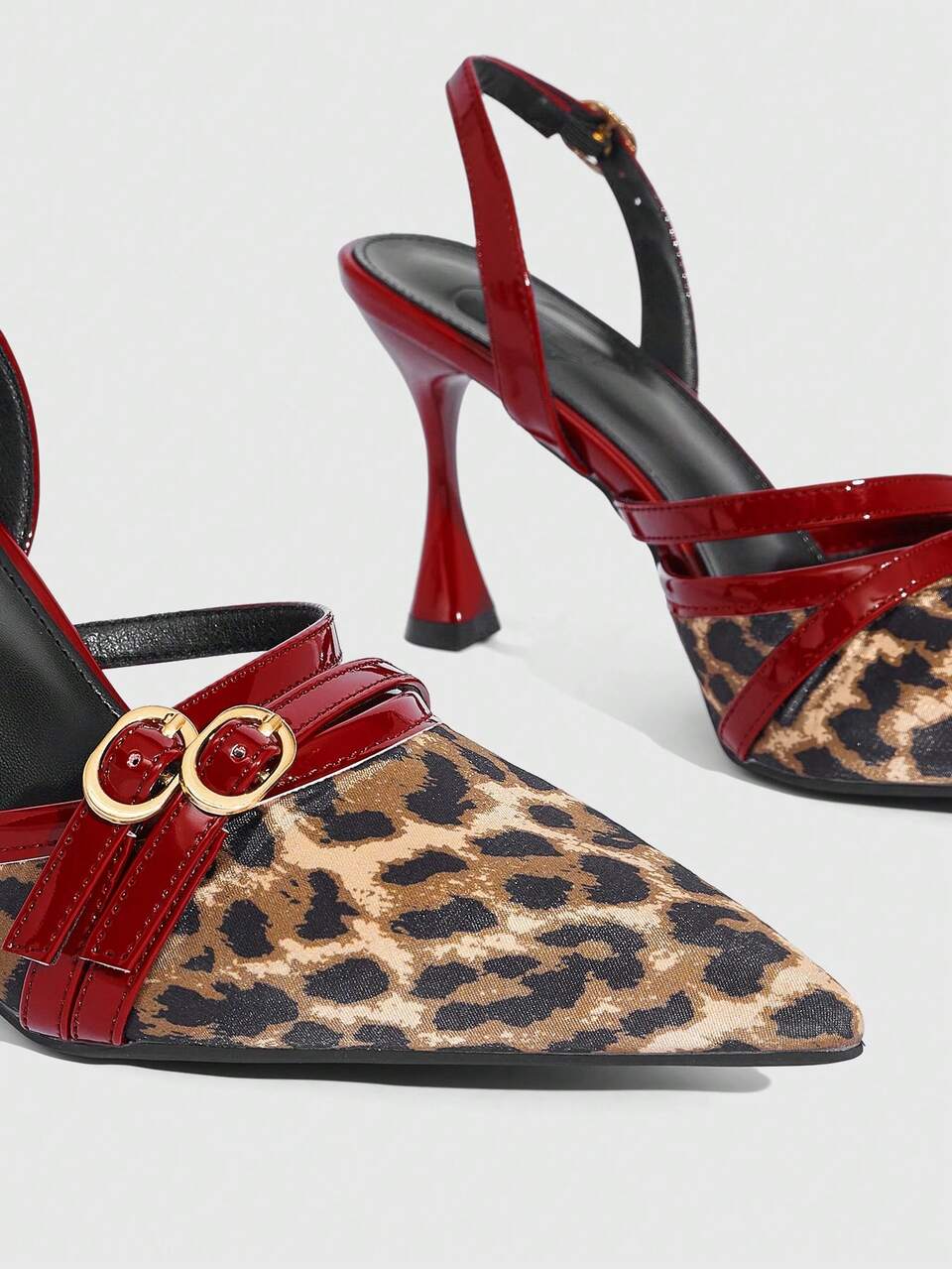 CUCCOO SZL Women's High Heels Pointed 9CM Women's Elegant Wine Glass And High Heels Back Strap Easy To Wear Leopard Print Splicing Burgundy Buckle Queen Leopard Print High Heels Suitable For Daily/Party/Christmas/Valentine's Day Dating/Spring Festival Thanksgiving Party/Women's Shoes Spring Shoes