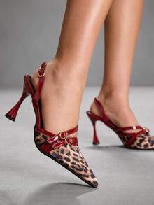 CUCCOO SZL 女士尖头高跟鞋，9厘米，优雅酒杯造型，后跟系带，易于穿脱，豹纹拼接，酒红色搭扣，女王范儿十足。这款豹纹高跟鞋适合日常穿着、派对、圣诞节、情人节约会、春节感恩节聚会等场合。 - 酒紅色 - 查看 5