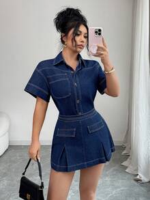 Elenzga 女士修身A字牛仔裙 - 深色水洗藍 - 查看 1