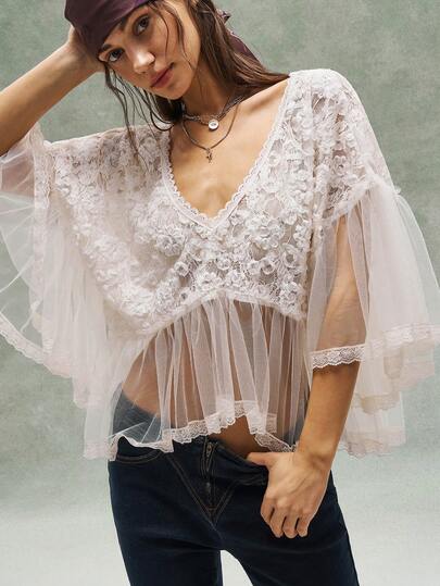 Bohemela Women's Casual Knit Mesh Patchwork Lace Trim Scoop Neck Blouse