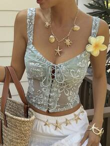 DAZY Women's Green Lace Sheer V-Neck Tie Strap Camisole For Beach Holiday Vacation Summer Boho Y2k - Green - View 7