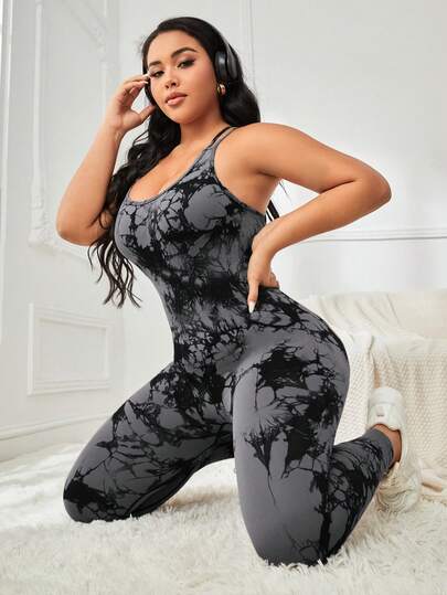 SHEIN Rhythm Era Plus Size Women Tie-Dye Jumpsuit, Sexy Backless Seamless Knit Stretchy Skinny Pants