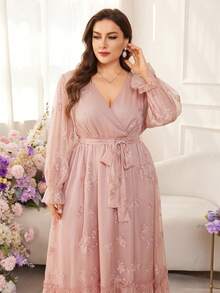 Modelyn Plus Size Women Floral Embroidery Crossover Neck Long Sleeve Waist Cinched Elegant French Style Dress - Pink - View 5