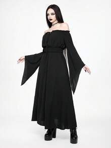 ROMWE Goth 女士哥特式露肩喇叭袖收腰连衣裙 - 黑色 - 查看 5