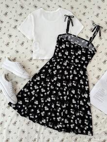 Tween Girls Solid Color Round Neck Short Sleeve Top And Ditsy Floral Camisole Dress Set - Multicolor - View 2