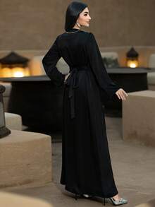 Layrah Rhinestone Embellished Handmade Long Abaya Jacket With Suit Collar Luxury Clothes For Women Sparkly Black Dress For Evening Party - Black - View 3