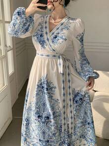 DAZY Women's Elegant Floral Print V-Neck Puff Sleeve Tie Waist Mid-Length Dress, Spring/Summer Wedding Guest Dress - Blue - View 5