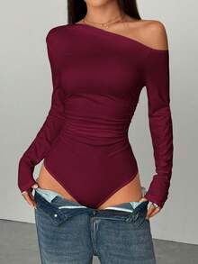 FavEase Body ajustado de manga larga con hombros oblicuos, cintura fruncida y estilo casual para mujer, otoño - Burdeos - Ver 4