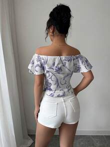 Elenzga 女士夏季度假风印花露肩荷叶边衬衫 - 紫色 - 查看 2