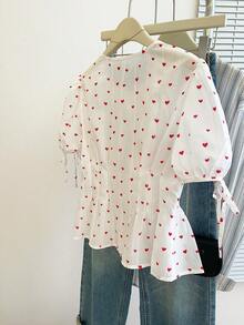 Resyla Women's Spring/Summer New French Romantic Bow Tie Heart Print Open Front Puff Sleeve Blouse - White - View 2