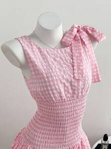 Elamini Women's Pink Plaid Bow Tie Waist Ruffle Hem Dress, Suitable For Dates, Picnics, Vacations, Versatile - Pink - View 1