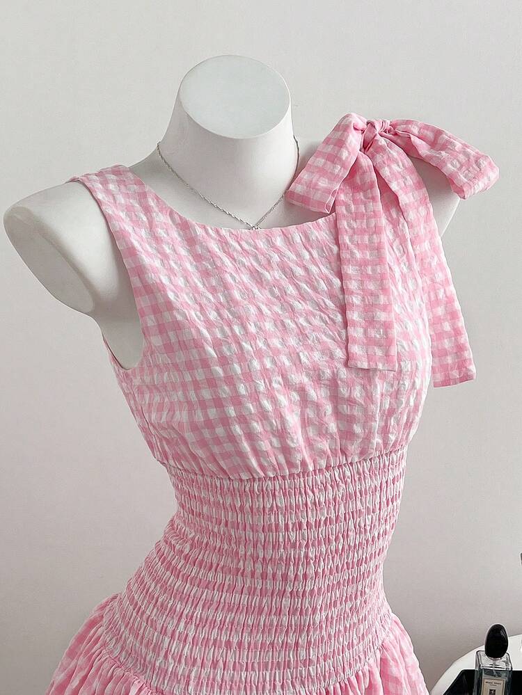 Elamini 女士粉色格子蝴蝶结腰部荷叶边连衣裙，适合约会、野餐、度假等场合，百搭 - 粉色 - 查看 1