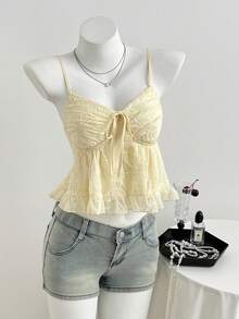 Elamini 女士休闲度假吊带背心，细肩带网纱刺绣面料，系带 - 黃色 - 查看 5