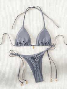 Swim Basics 女士纯色褶皱比基尼套装，海滩度假 - 銀色 - 查看 3
