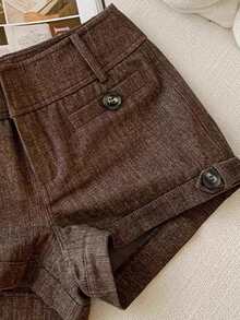 Resyla 女士夏季时尚英伦风纽扣装饰短裤 - 棕色 - 查看 3