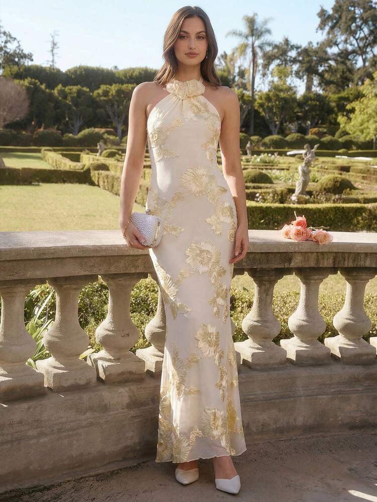 Robe longue moulante sirène à fleurs 3D, dos nu et col montant. Robe de soirée élégante en mousseline de haute qualité pour anniversaire