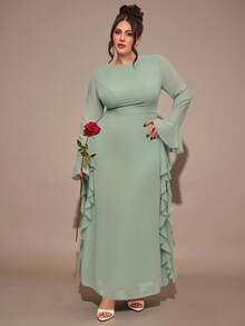 SHEIN BAE 大码女式纯色圆领喇叭袖荷叶边下摆优雅连衣裙 - 綠色 - 查看 5