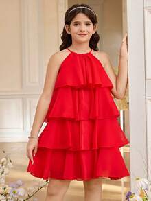 SHEIN Tween Girl Loose Elegant Halter Neck Sleeveless Multi-Layer Ruffle Midi Dress - Red - View 2