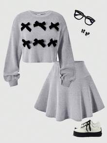 少女粉色宽松泡泡袖上衣和裙子套装，时尚百搭，适合秋冬季返校穿着 - 淺灰色 - 查看 8