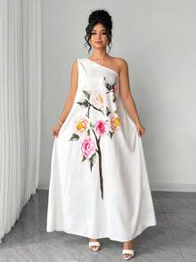 Elenzga 大码女式宽松印花无袖不对称肩部优雅连衣裙 - 米色 - 查看 5