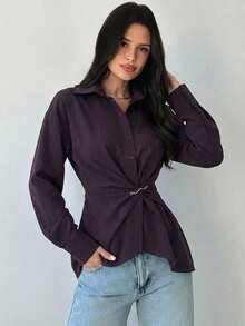 Firerie Women's Casual And Elegant Eggplant Purple Long-Sleeved Blouse, Metallic Embellishment, Suitable For Business Commuting, Sophisticated And Elegant Top/Old-Money Style Blouse/Teacher's Attire/Red Blouse - Red Violet - View 3