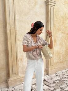 Serisse 女士格子拼接荷叶边下摆前系带可爱泡泡袖衬衫 - 彩色 - 查看 3