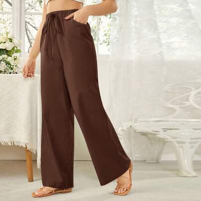 Solid Color Waist Tie Pocket Wide Leg Loose Casual Pants Brown Wide Leg…