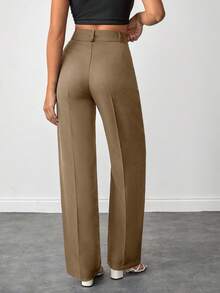 SHEIN 娇小码女式纯色高腰直筒裤，适合日常穿着 - 米色 - 查看 2