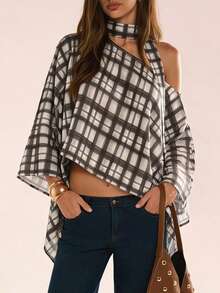 Avenya Loose Fashion Plaid Oblique Shoulder Scarf Design Flowy Blouse - Multicolor - View 3