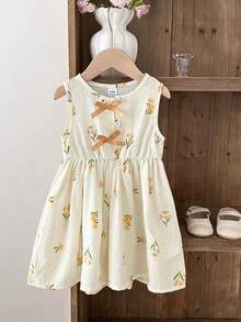 SHEIN 女婴休闲碎花连衣裙，饰有蝴蝶结，适合春夏季节、居家、户外、度假、日常穿着 - 彩色 - 查看 4