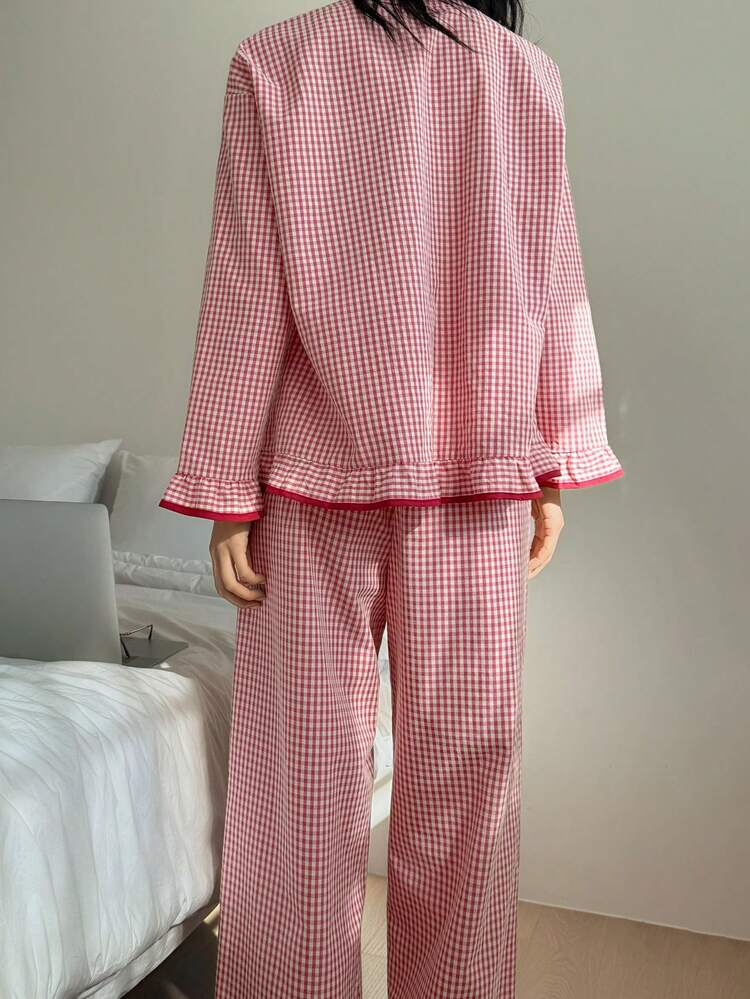 2pcs Women Plaid Ruffle Trim Long Sleeve Top And Straight Leg Pants Pajama Set