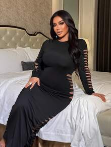 NU&NOW 大码女士性感透视激光镂空长袖连衣裙，适合日常、办公、外出、派对、聚会等多种场合。 - 黑色 - 查看 5