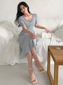 DAZY Women's Square Neck Waist Cinched Short Sleeve Chiffon Midi Dress - Blue - View 1